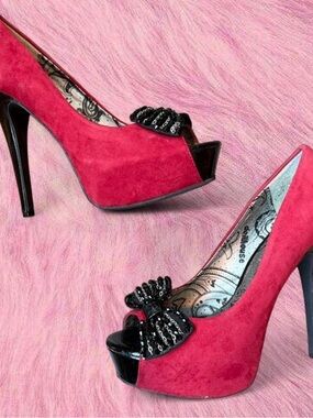 Dollhouse Pink-Red Suede Peep-Toe Platform Heels with Black Patent Bow